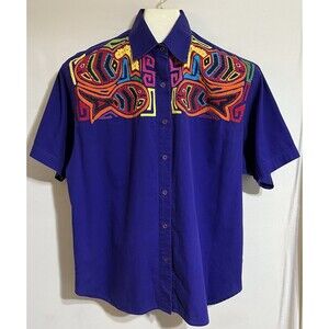 Vintage PANAMA Hand Embroidered Quilted Fish Purple Sz L Boho Western F